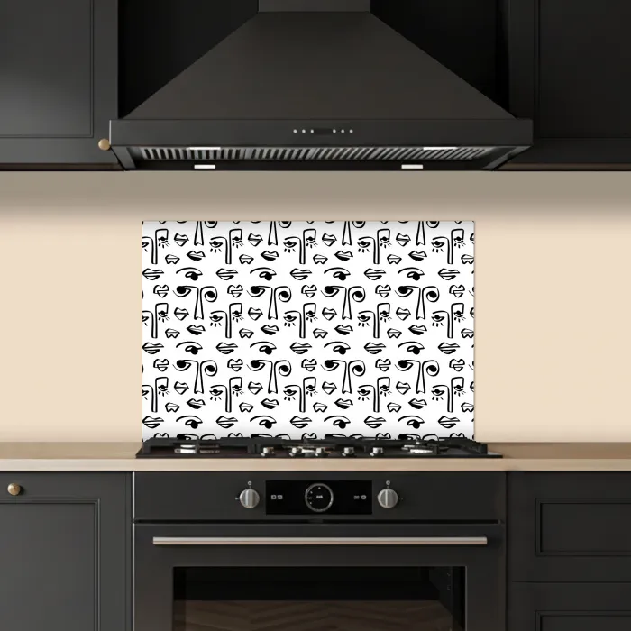 Gezicht - Zwart - Lijnen - Artistiek keuken achterwand spatscherm klein 900 -sfeer1