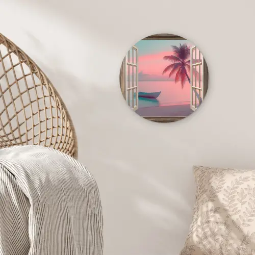 Doorkijk - Strand - Palmboom - Tropisch Wandcirkel kunststof plaat 5mm dik klein -sfeer5