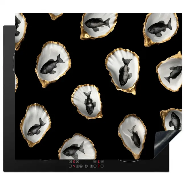 Oesters - Zwart - Vissen - Goud Inductie beschermer vinyl 3mm middel -3d