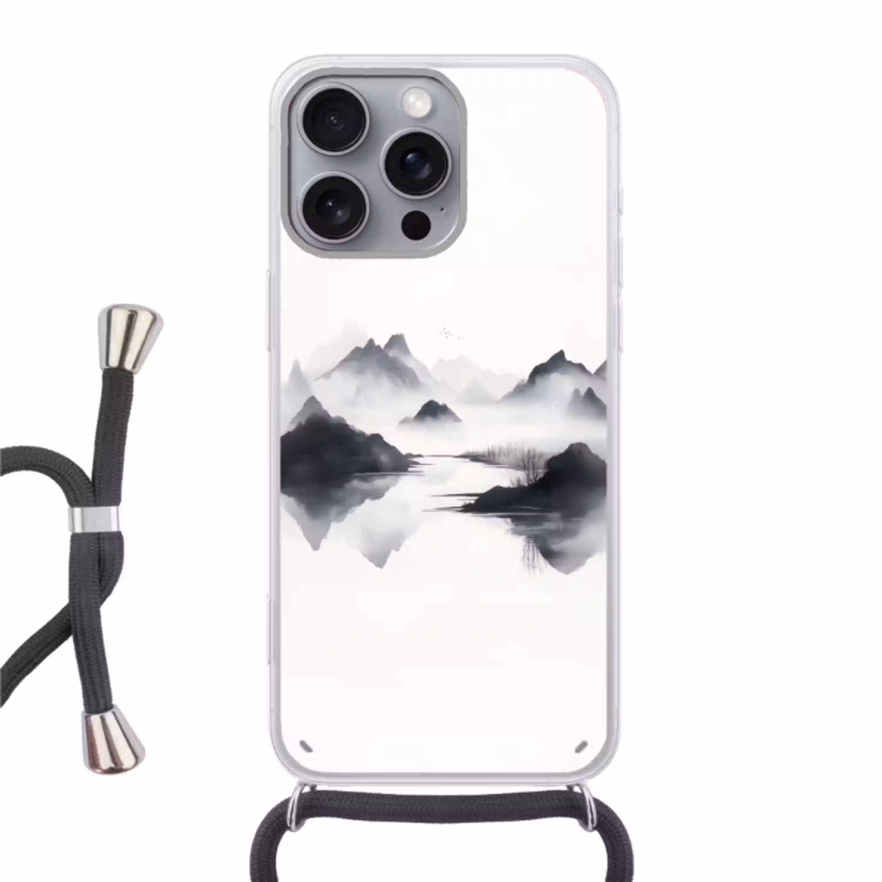 Bergen - Mistig - Water - Wit Hoesje iPhone 16 Pro Max met koord klein -3d