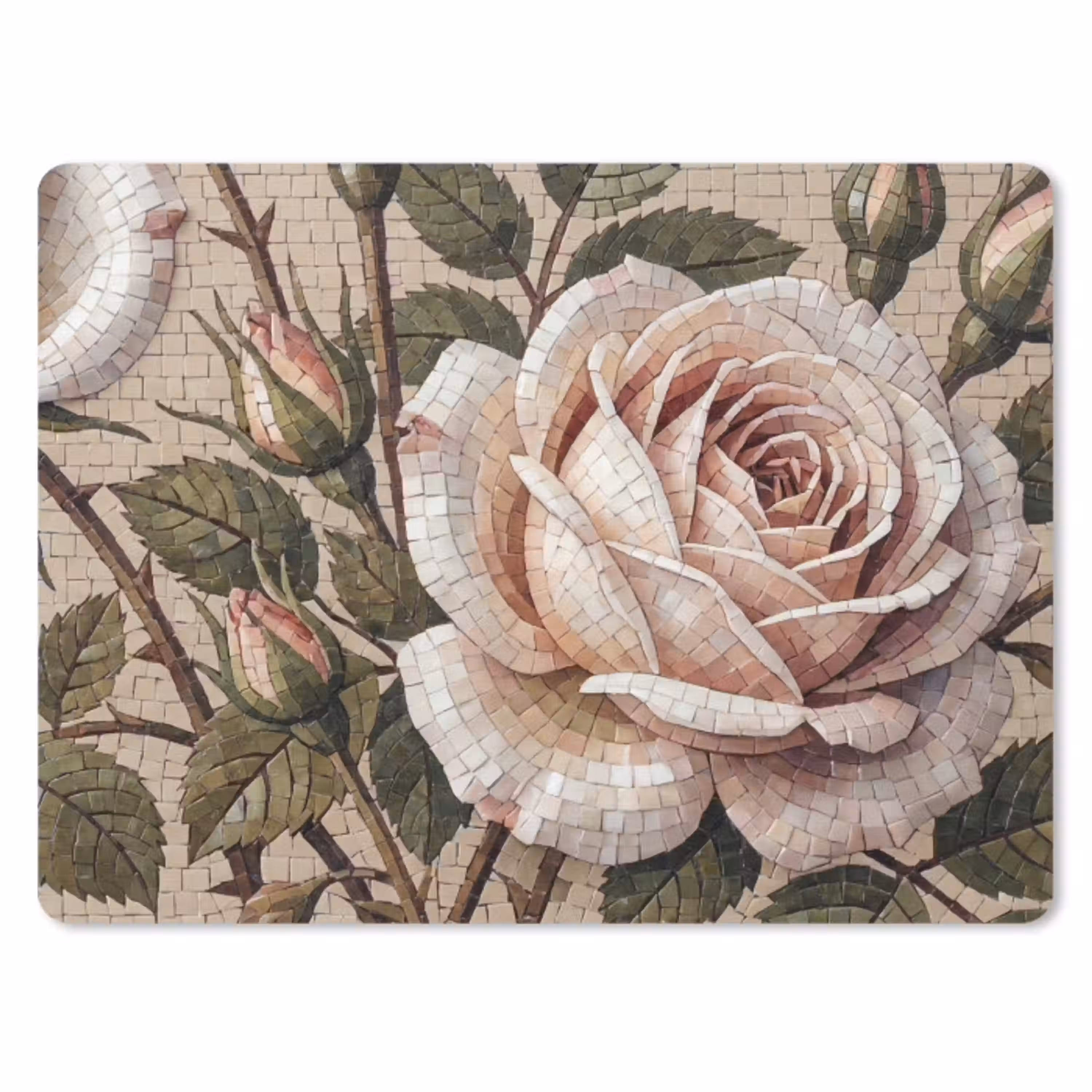 Roos - Mozaïek - Bloemen - Klassiek - Beige muismat rubber klein -3d
