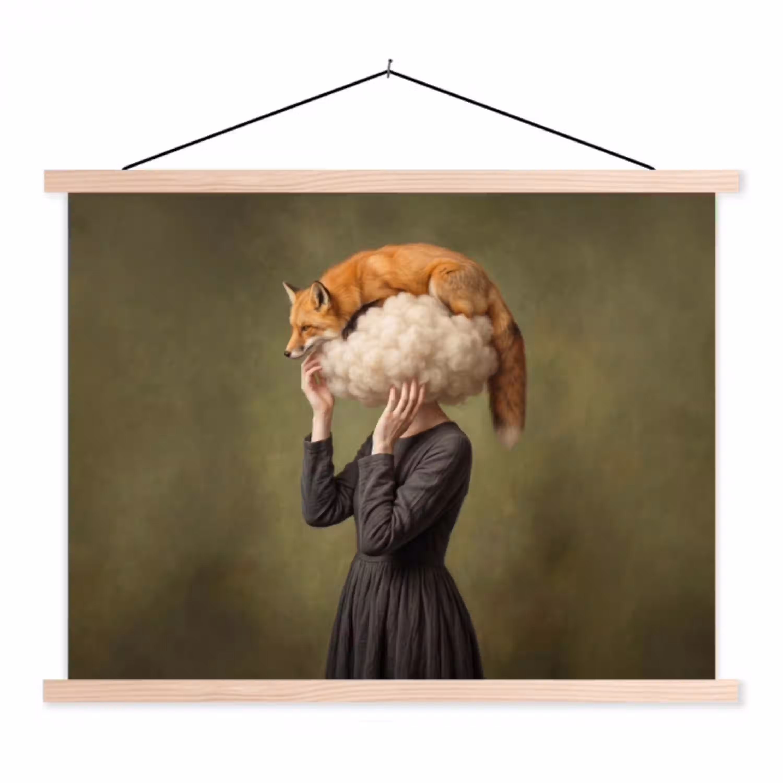 Vos - Surrealistisch - Groen textielposter latten blank klein -3d