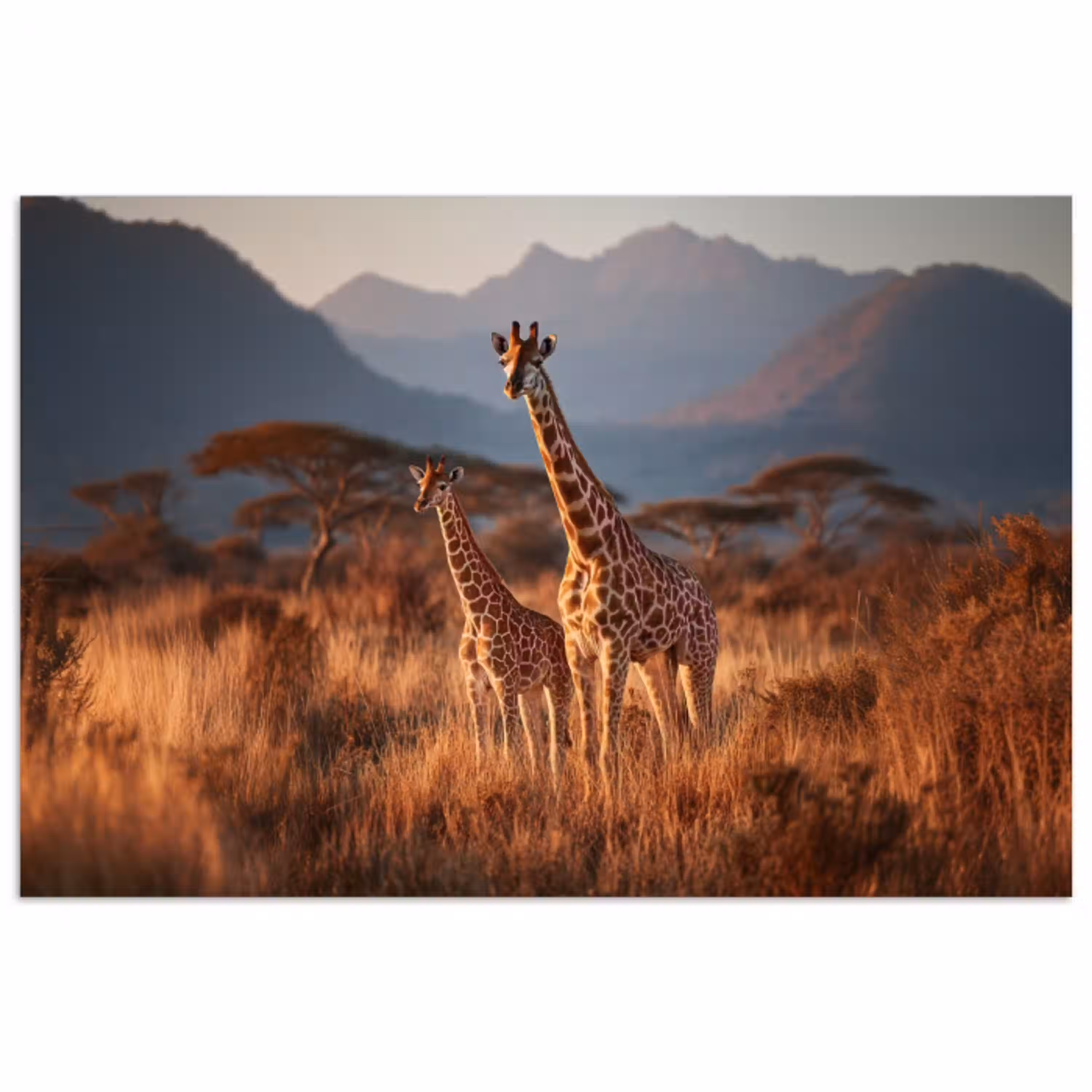 Giraffen - Hoog gras - Acaciabomen poster papier klein -3d