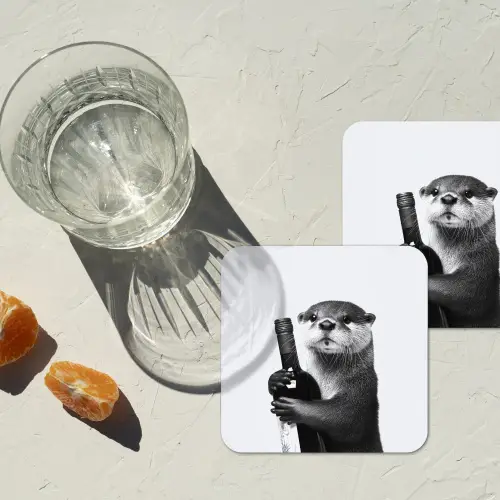 Wijnfles - Otter - Zwart onderzetter kurk middel -sfeer4