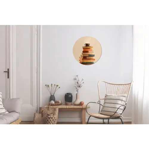 Boeken - Toren - Koffie - Beige Wandcirkel aluminium klein -woonkamer