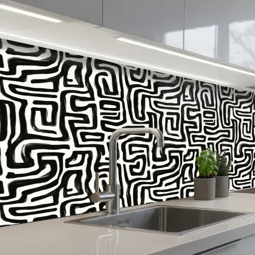 Grafisch - Lijnen - Zwart - Wit keuken achterwand 2 middel 871 -3d_schuin