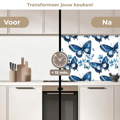 Blauw - Vlinders - Bloemen - Wit keuken achterwand 2 middel 871 -voor-na2_NL