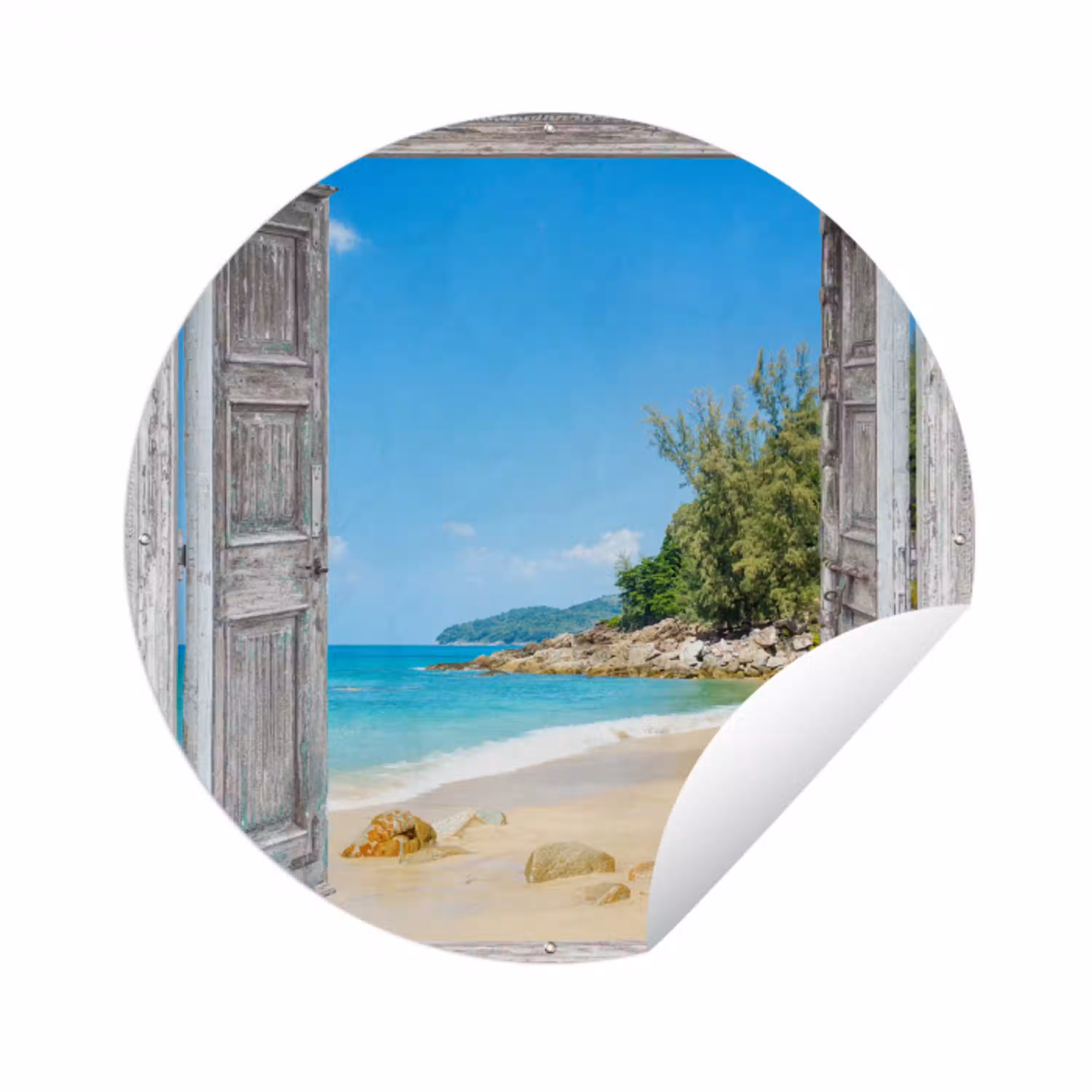 Strand - Doorkijk - zomer - Tropisch Wandcirkel tuinposter met ringen klein -3d