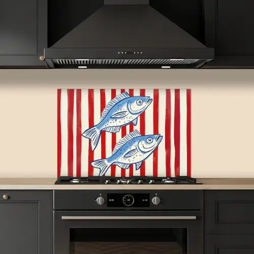 Vissen - Verticale strepen - Blauw - Rood keuken achterwand spatscherm klein -sfeer1