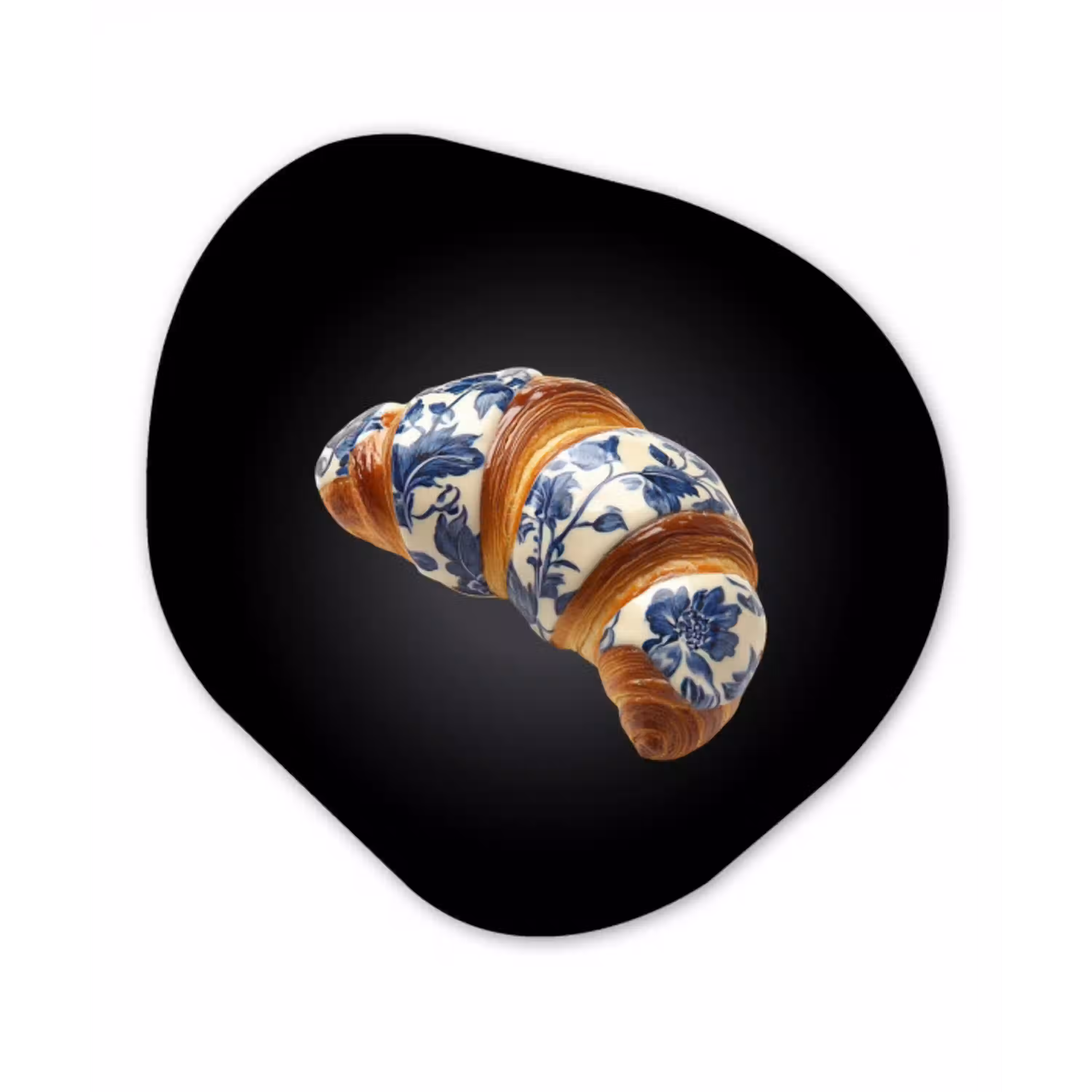 Croissant - Bloemenpatroon - Delftsblauw Wandcirkel Organisch Aluminium middel -3d