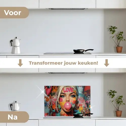 Vrouw - Kauwgom - Graffiti - Love keuken achterwand spatscherm klein -voor_na_NL