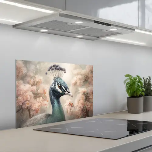 Pauw - Vogels - Bloemen - Boom - Botanisch keuken achterwand spatscherm klein -3d_schuin