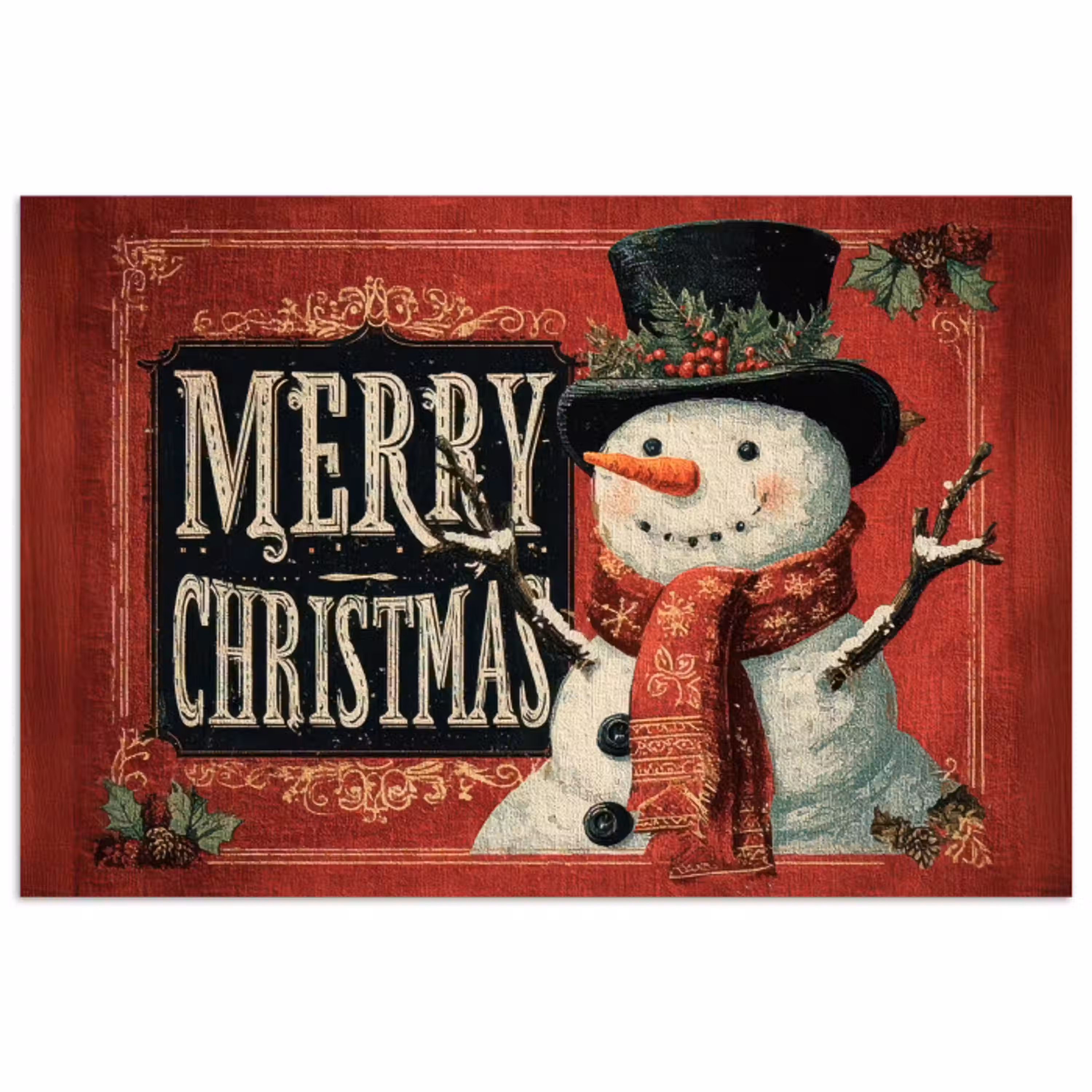 Klassiek - Kerstgroet - Sneeuwpop - Rood poster papier klein -3d
