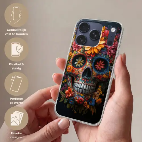 Bloemen - Kleurrijk - Schedel Telefoonhoesje iPhone 17 Pro klein -sfeer3_NL