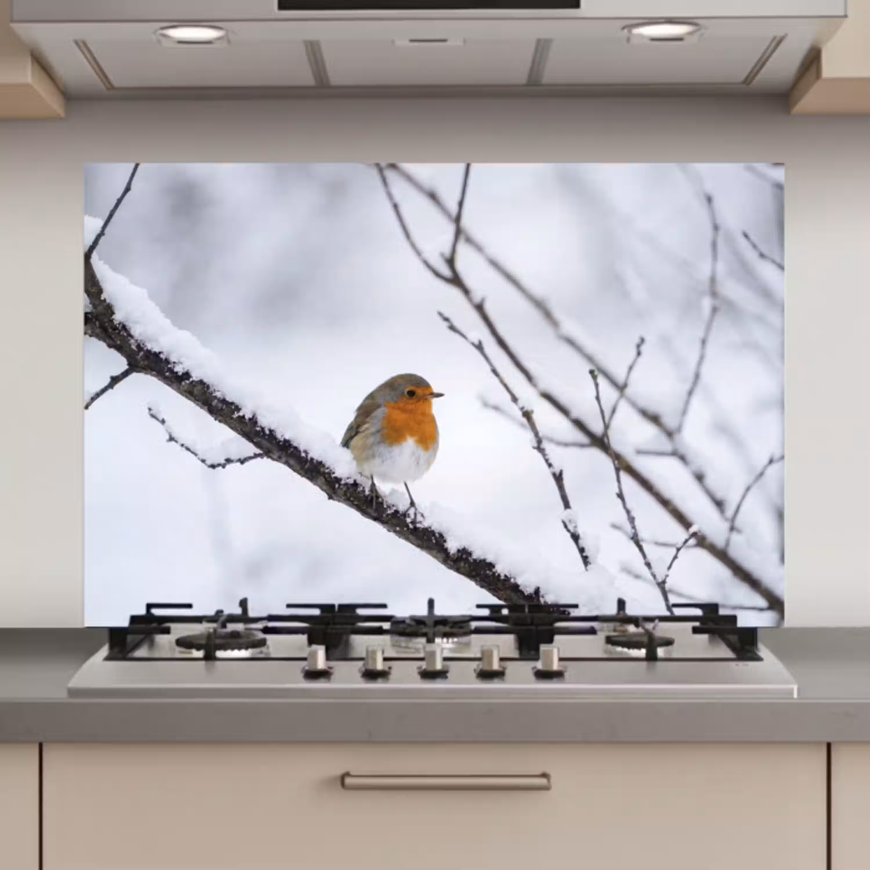 Roodborstje - Tak - Sneeuw - Winter - Levendig keuken achterwand spatscherm klein -3d_website