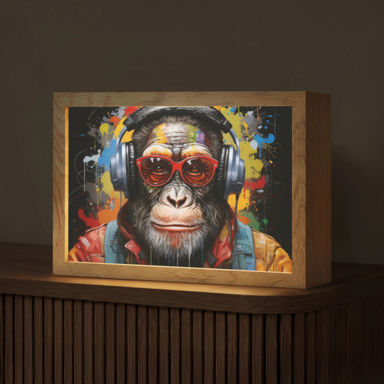 Chimpansee - Aap - dieren - Graffiti - Bril - Koptelefoon - Kleuren Light Box met kabel (Tafellamp) klein -z3d_website