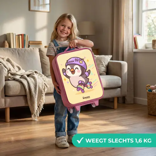 Kawai - Pinguin - Rolschaatsen Kinderkoffer - Roze klein -sfeer2_NL