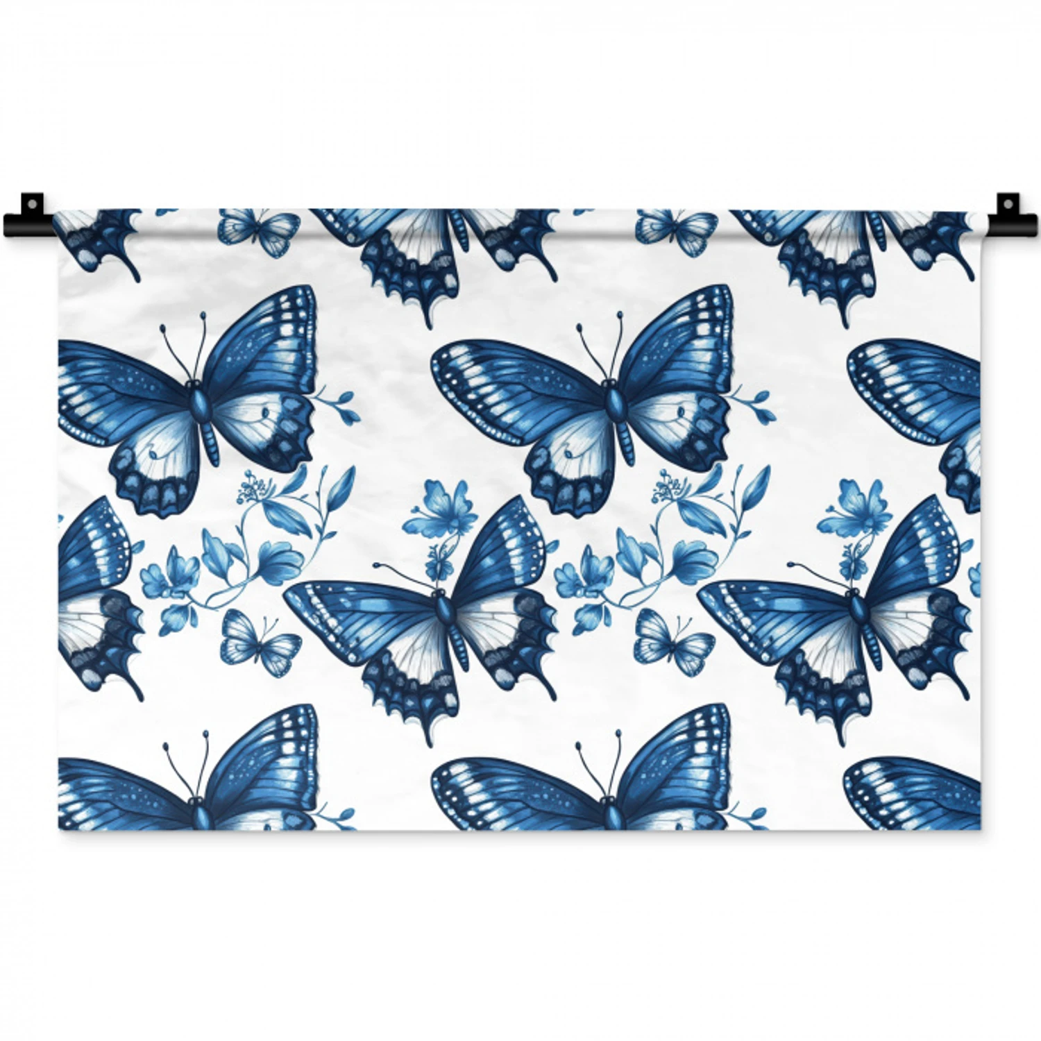 Blauw - Vlinders - Bloemen - Wit Wandkleed katoen klein 269 -zz3d