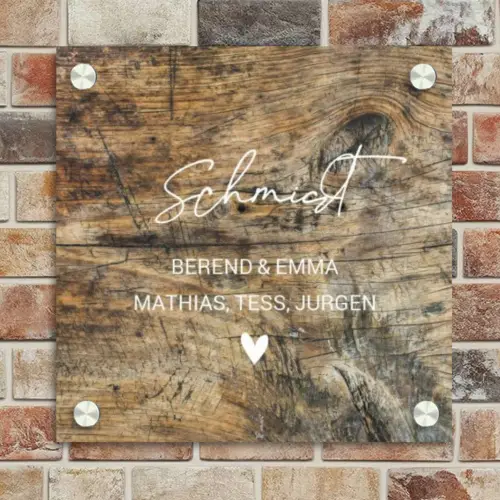 Verweerd hout - Sierlijk Naambord Vierkant klein -sfeer2