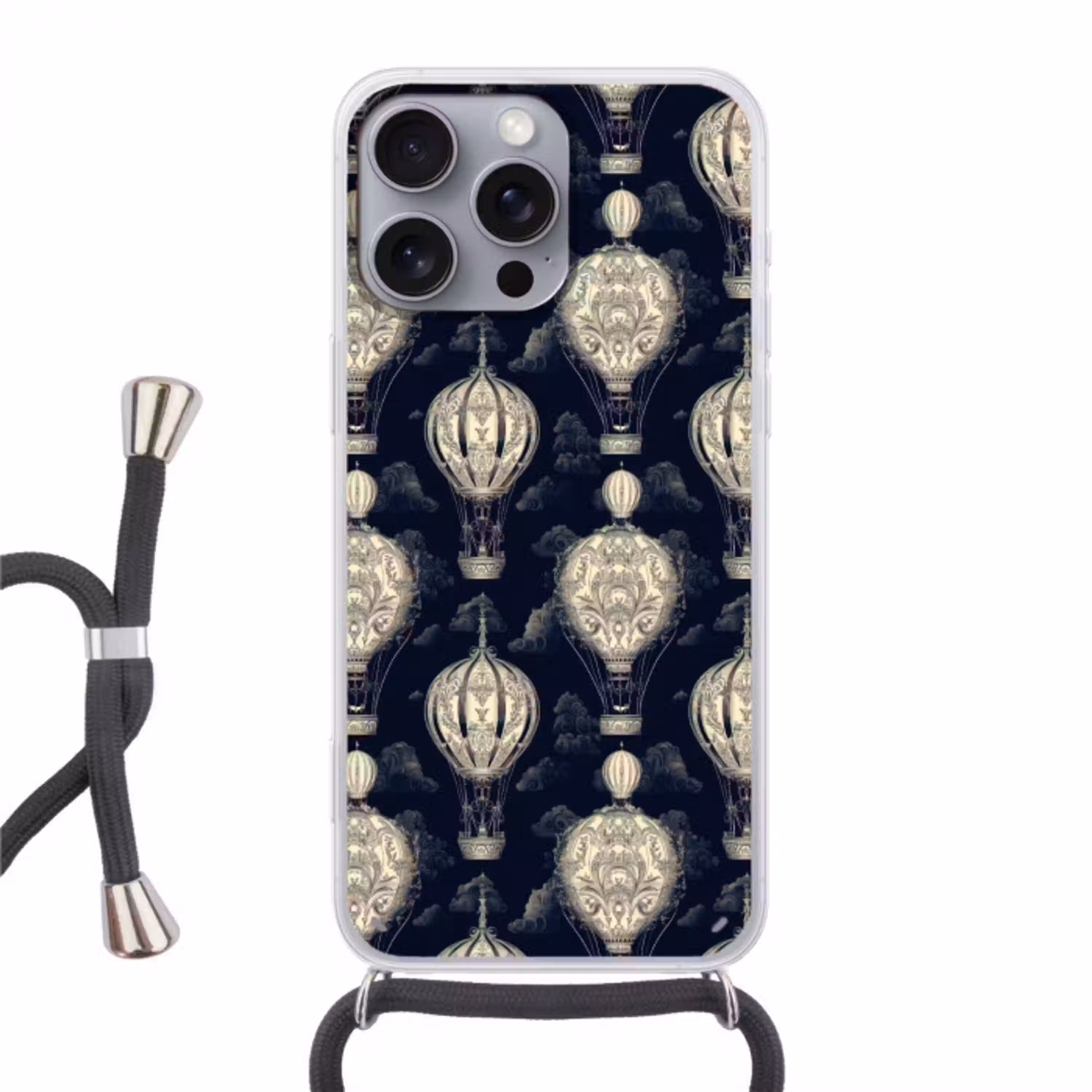 Luchtballonnen - Wolken - Patroon - Donkerblauw Hoesje iPhone 16 Pro Max met koord klein 804 -3d