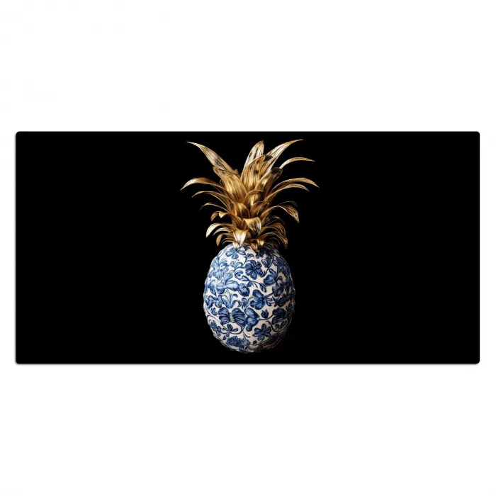 Ananas - Bloemen patroon - Goud - Delftsblauw Muismat XXL klein -3d_leeg