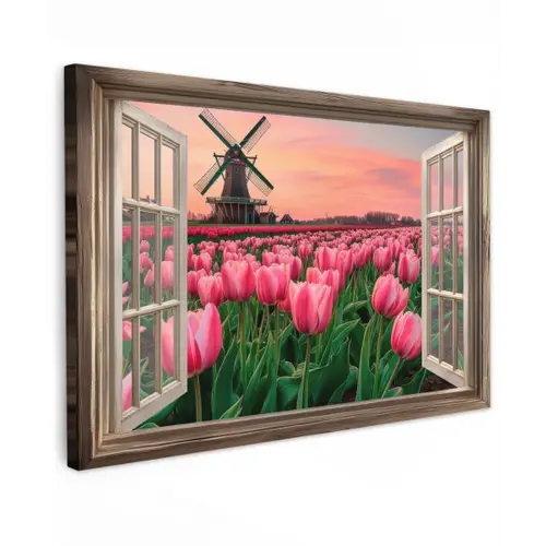Doorkijk - Tulpen - Bloemen - Molen - Raam Tuinposter op houten frame 2 cm dik klein -3d