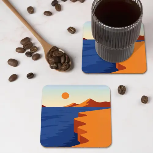 Landschap - Bergen - Zon - Zee onderzetter kurk middel -sfeer2