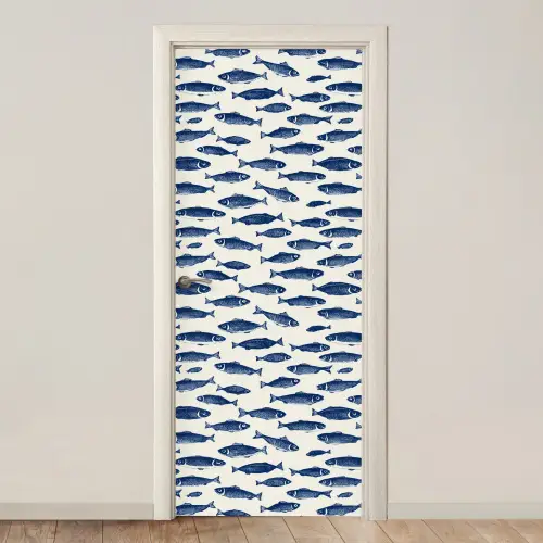 Vissen - Patroon - Blauw - Wit deurposter klein 289 -3d_beige