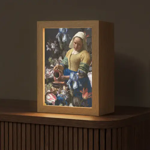 Melkmeisje - Johannes Vermeer - Bloemen Light Box met kabel (Tafellamp) klein -z3d_website