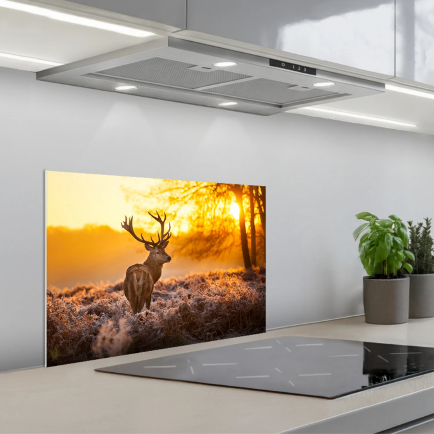Hert - Dieren - Zonsondergang - Winter - Heide - Natuur keuken achterwand spatscherm klein -3d_schuin