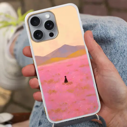 Bloemenweide - Heuvels - Silhouet - Roze Hoesje iPhone 16 Pro Max met koord klein -sfeer3