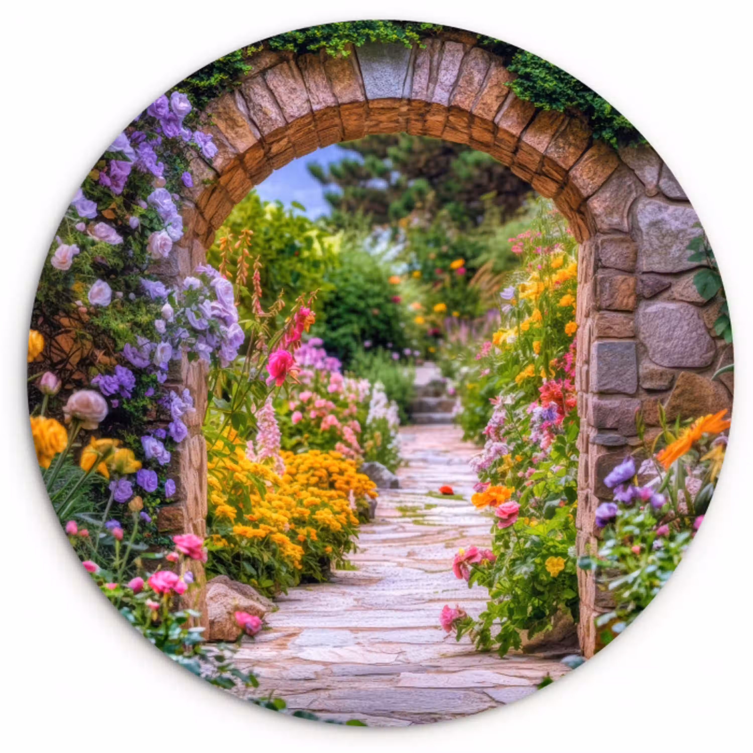 Doorkijk - Bloemen - Pad - Natuur Wandcirkel plexiglas klein -3d