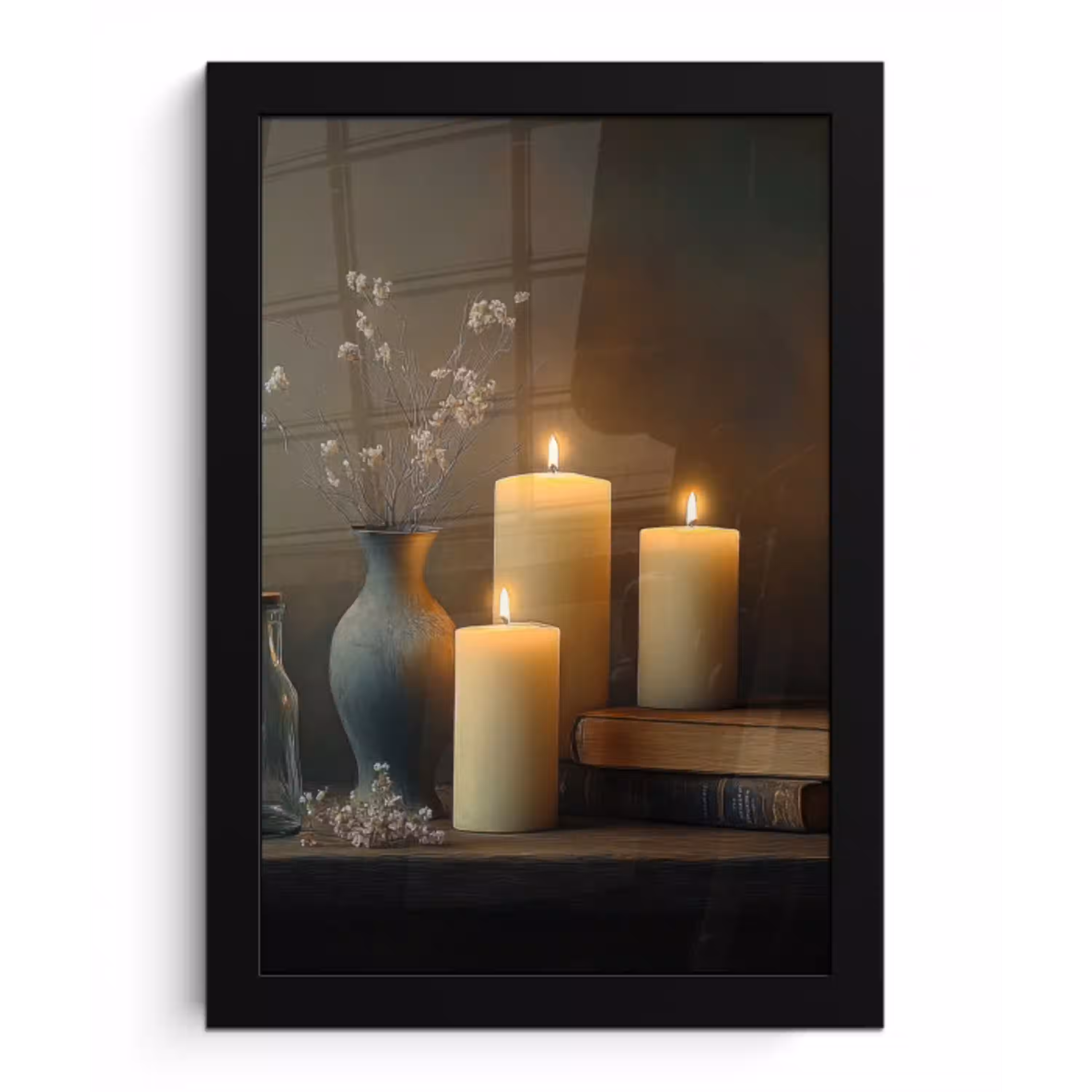 Kaarsen - Stilleven - Rustiek - Boeken fotolijst zwart zonder passe partout klein -3d
