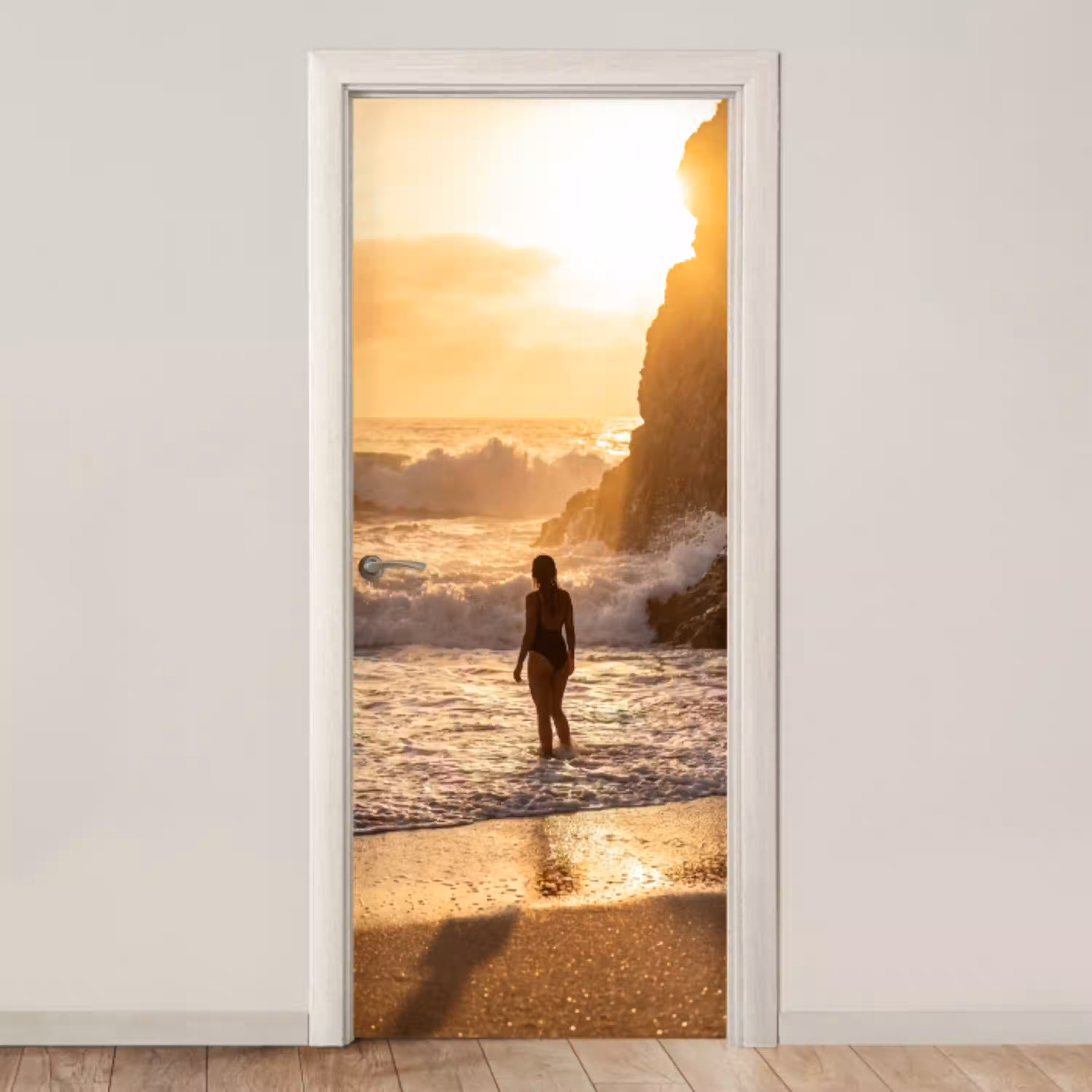 Mensen - Oceaan - Zonsondergang - Kust - Goud deurposter klein -3d_beige