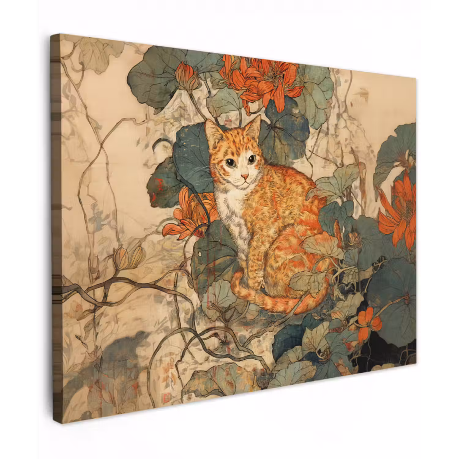 Leinwandbild - Katze - Ornamental - Blumen