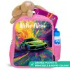 Sportauto - Groen - Verfstrepen - Kleuren Kinderrugzak - Roze middel -inhoud_FR