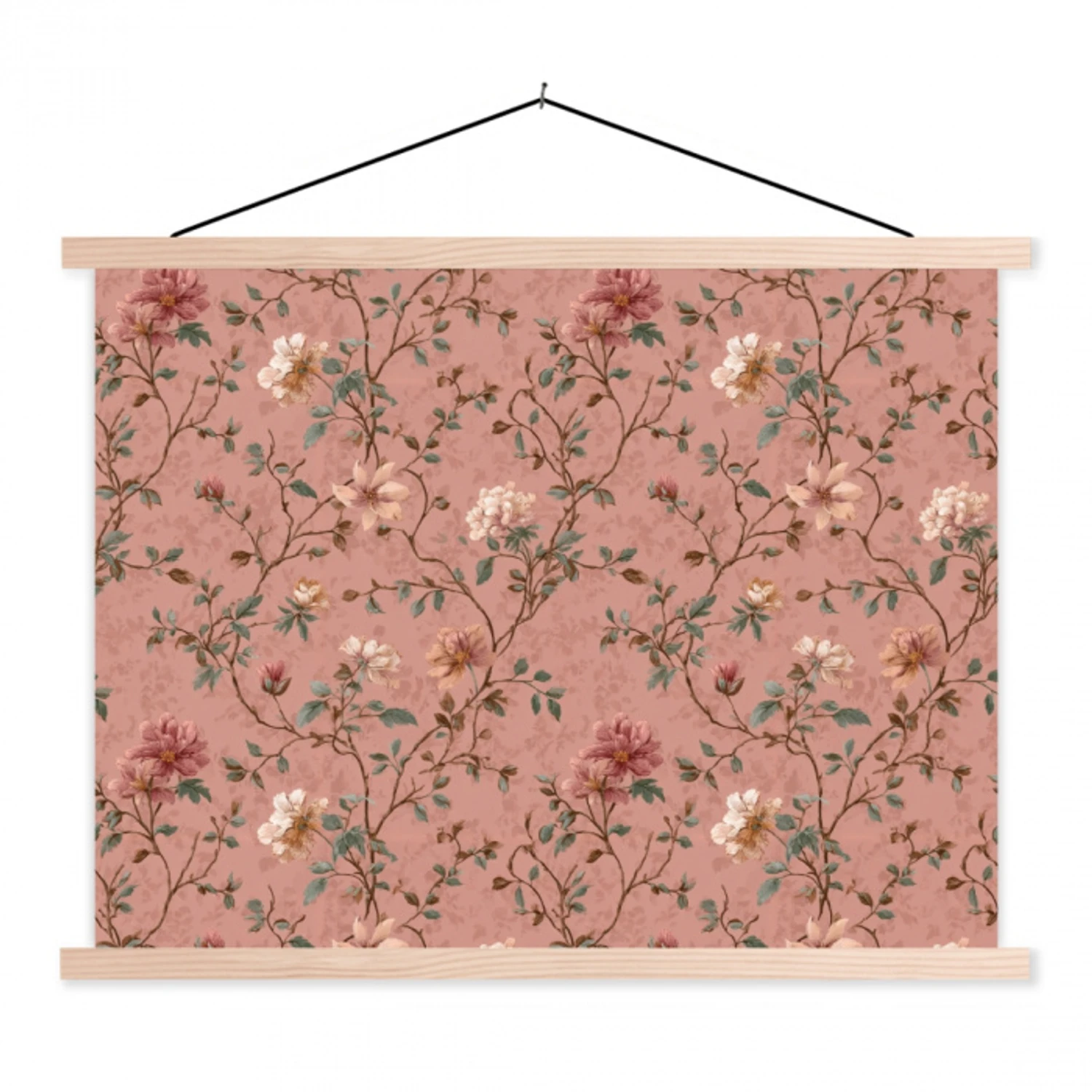 Botanisch - Bloemen - Roze textielposter latten blank klein 122 -3d
