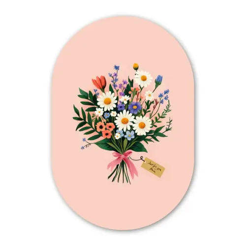 Margrieten - Boeket - Strikje - Roze Wandcirkel Ovaal Glas middel -3d