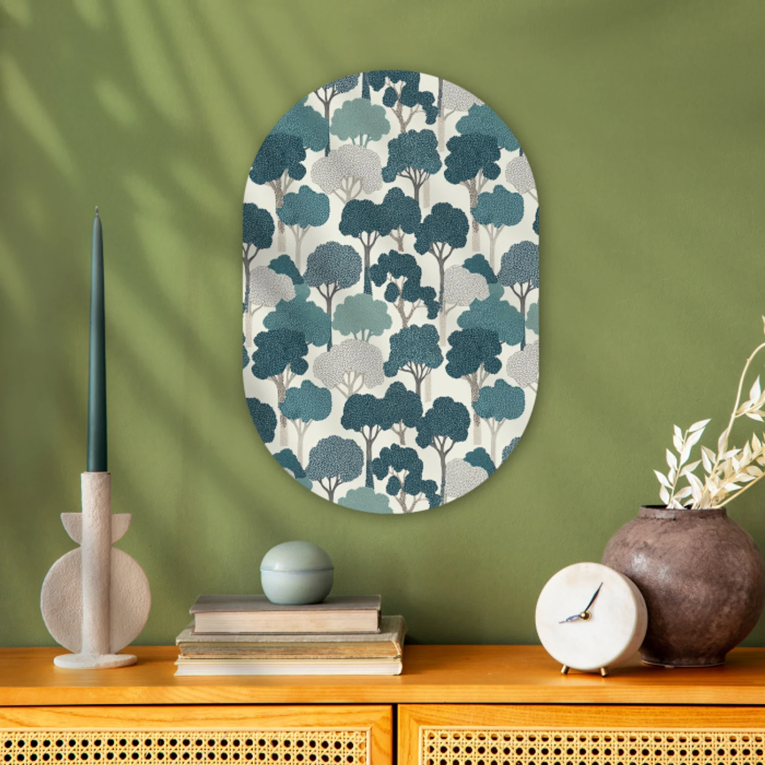 Modern - Bomen - Bos - Patroon - Blauw Wandcirkel Ovaal Forex klein 630 -sfeer2