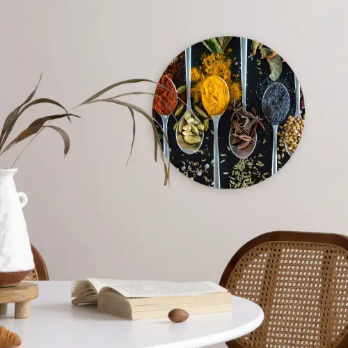 Kruiden - Lepel - Specerijen - Zwart - Keuken Wandcirkel kunststof plaat 5mm dik klein -sfeer4