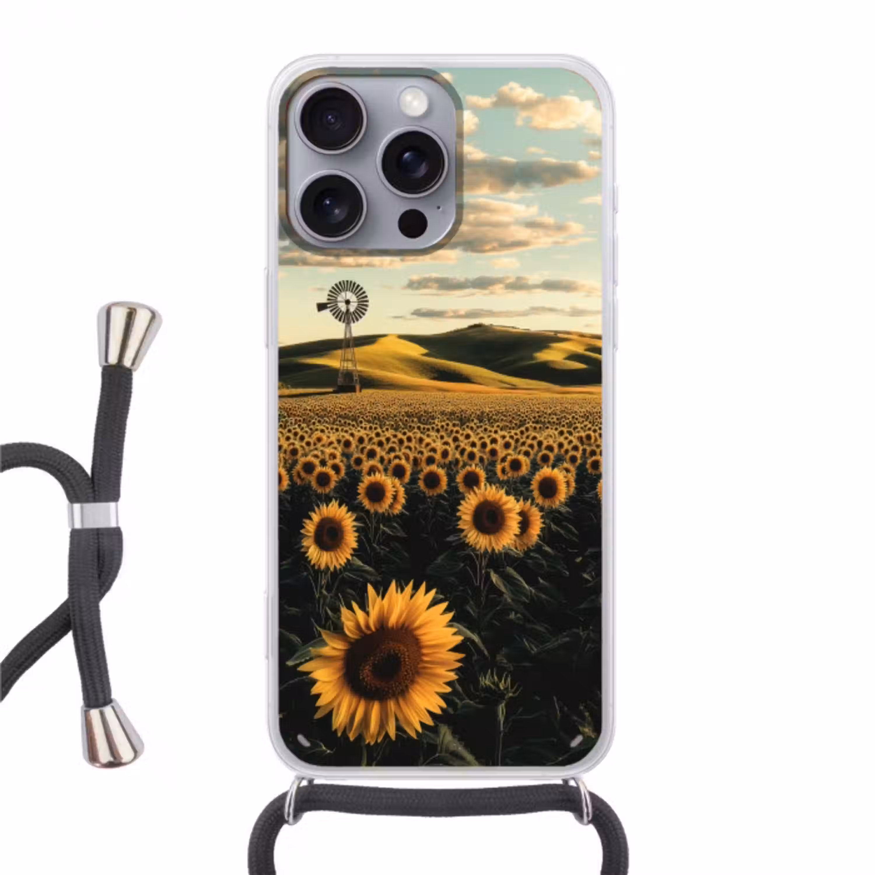 Zonnebloem - Veld - Windmolen Hoesje iPhone 16 Pro Max met koord klein -3d
