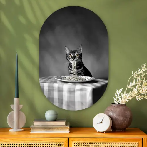 Bengaal - Kat - Tafelkleed - Zwart - Wit - Dier Wandcirkel Ovaal Glas middel -sfeer2