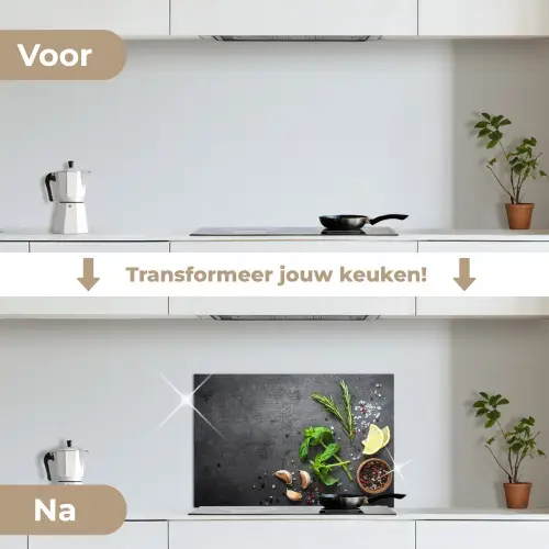 Gastronomisch Stilleven keuken achterwand spatscherm klein -voor_na_NL
