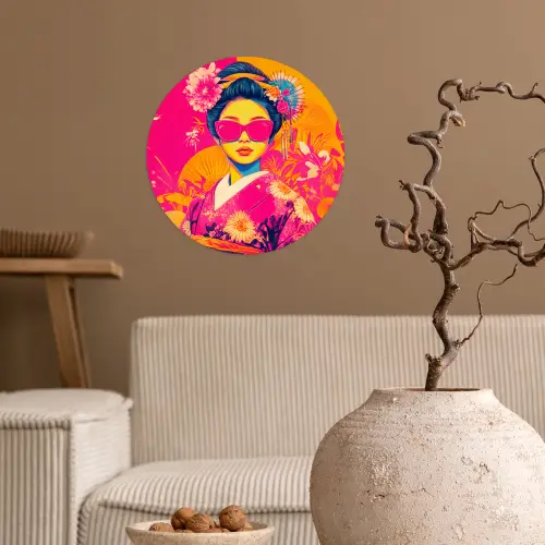 Vrouw - Zonnebril - Abstract - Oranje Wandcirkel behangsticker klein -sfeer1