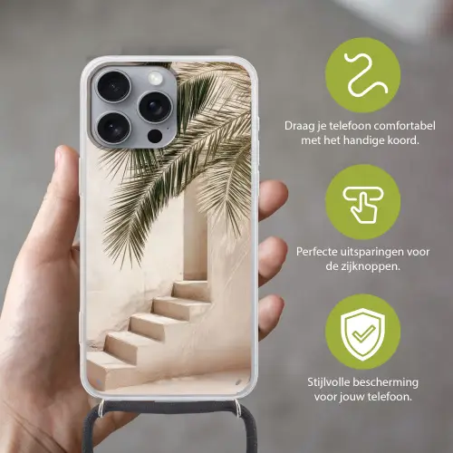 Palmboom - Schaduw - Trap - Beige Hoesje iPhone 16 Pro Max met koord klein -sfeer2_NL