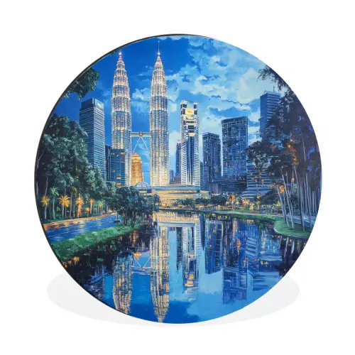 Stad Kuala Lumpur - Skyline - Wolkenkrabbers - Water Wandcirkel aluminium klein -3d