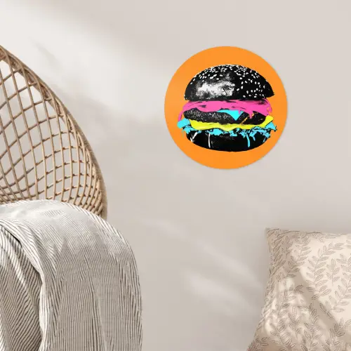 Hamburger - Oranje - Neon - popart Wandcirkel behangsticker klein -sfeer4