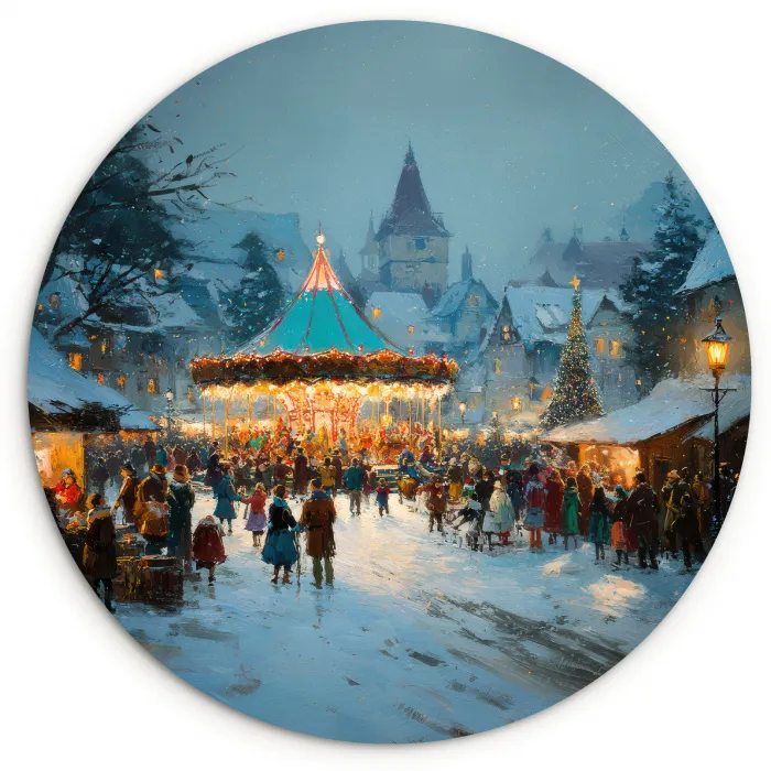 Winterkermis - Dorp - Kleurrijk Wandcirkel kunststof plaat 5mm dik klein -3d