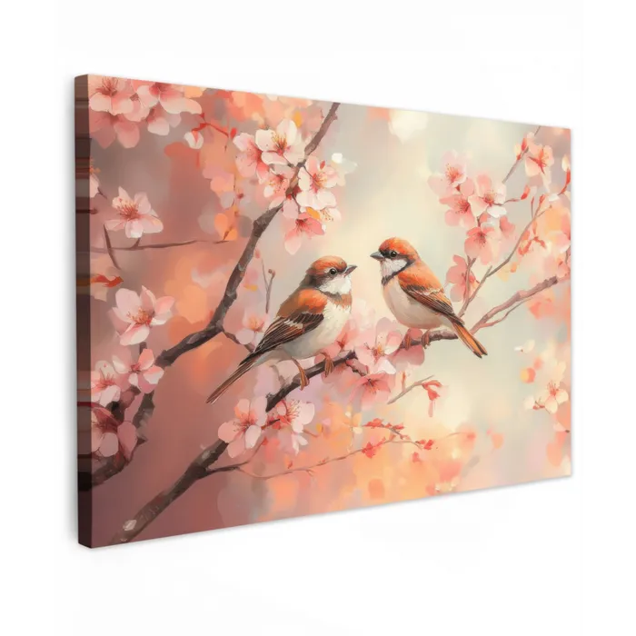 Vogels - Romantic - Bloesemtak Tuinposter op houten frame 2 cm dik klein -3d