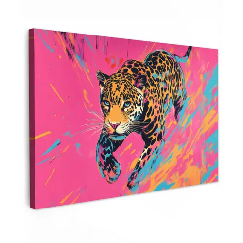 Luipaard - Roze - Oranje - Blauw - Verf Tuinposter op houten frame 2 cm dik klein -3d